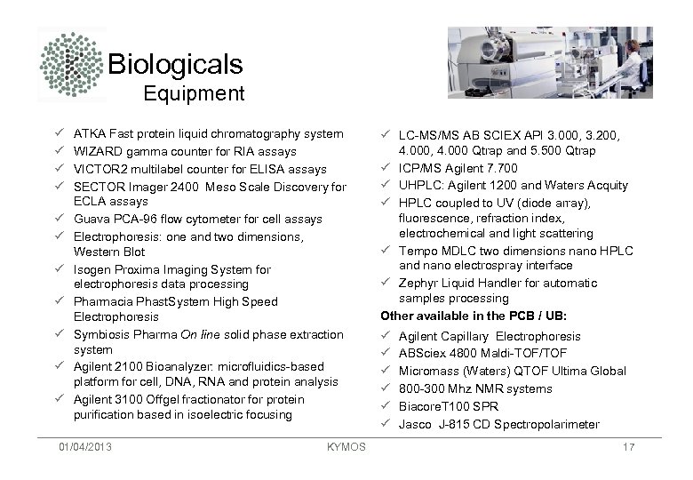 Biologicals Equipment ü ü ü ATKA Fast protein liquid chromatography system WIZARD gamma counter