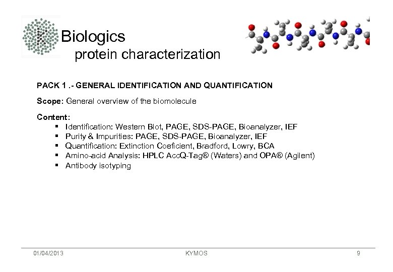 Biologics protein characterization PACK 1. - GENERAL IDENTIFICATION AND QUANTIFICATION Scope: General overview of