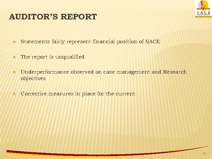 AUDITOR’S REPORT Statements fairly represent financial position of SACE The report is unqualified Underperformance