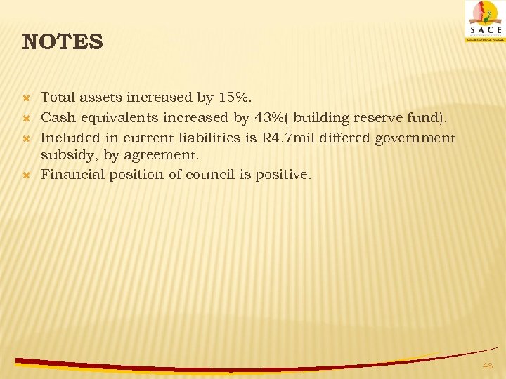 NOTES Total assets increased by 15%. Cash equivalents increased by 43%( building reserve fund).