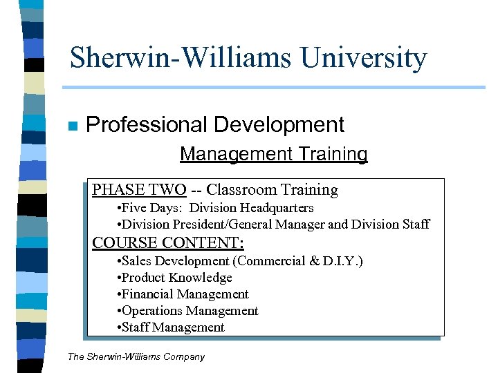 Sherwin-Williams University n Professional Development Management Training PHASE TWO -- Classroom Training • Five