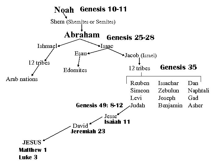 Noah Genesis 10 -11 Shem (Shemites or Semites) Abraham Genesis 25 -28 Ishmael Isaac