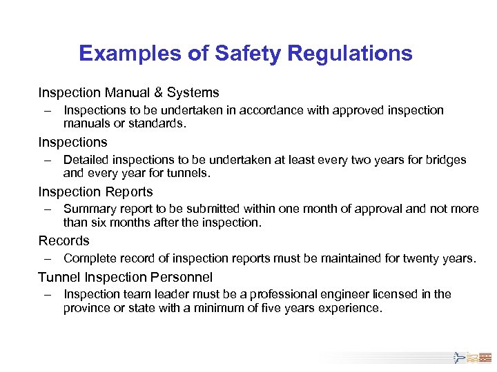 Examples of Safety Regulations Inspection Manual & Systems – Inspections to be undertaken in