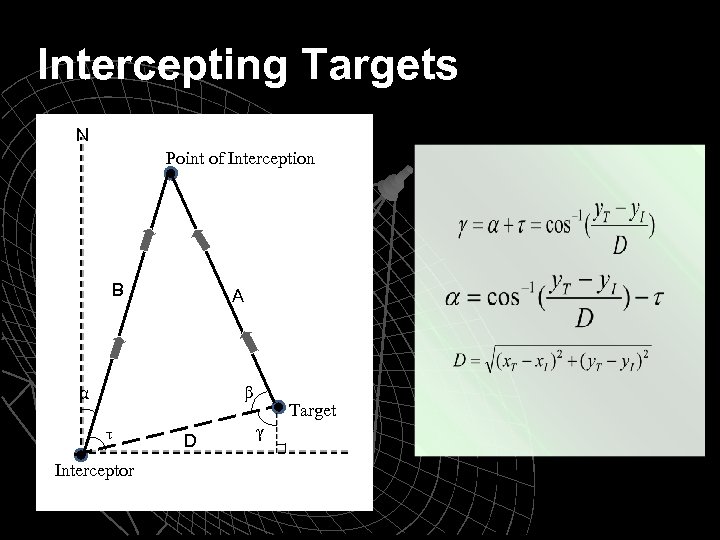 Intercepting Targets N Point of Interception B A α β τ Interceptor D Target