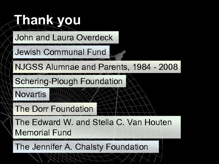 Thank you John and Laura Overdeck Jewish Communal Fund NJGSS Alumnae and Parents, 1984