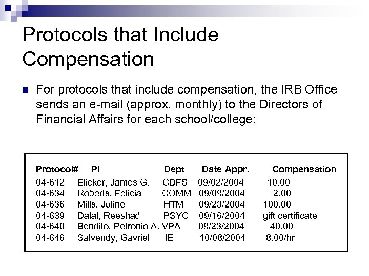 Protocols that Include Compensation n For protocols that include compensation, the IRB Office sends