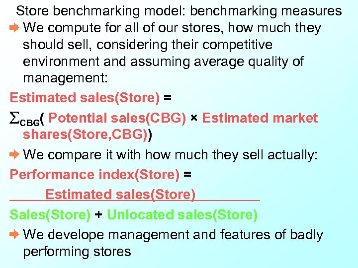 Store benchmarking model: benchmarking measures We compute for all of our stores, how much