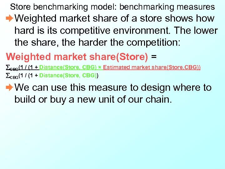 Store benchmarking model: benchmarking measures Weighted market share of a store shows how hard