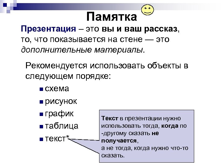 Памятка Презентация – это вы и ваш рассказ, то, что показывается на стене —