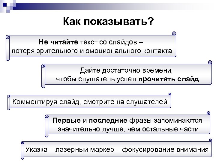 Как показывать? Не читайте текст со слайдов – потеря зрительного и эмоционального контакта Дайте