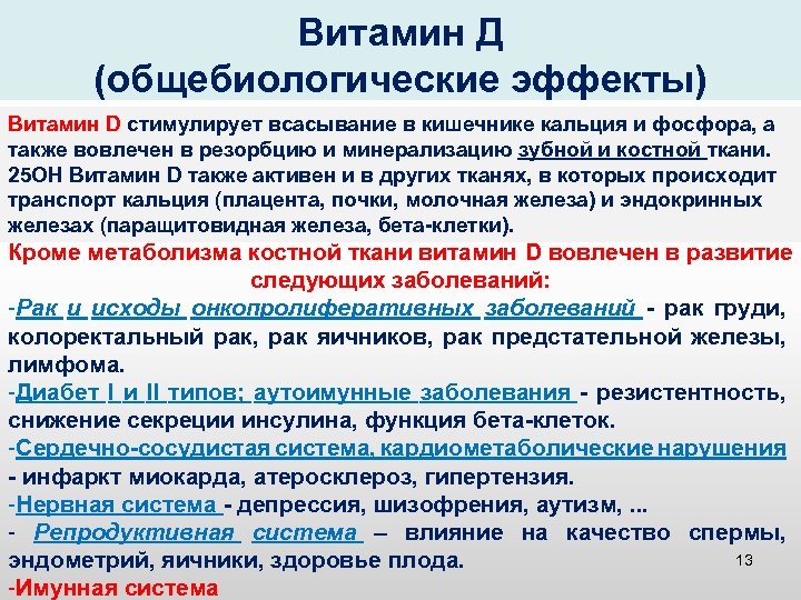Витамин Д (общебиологические эффекты) Витамин D стимулирует всасывание в кишечнике кальция и фосфора, а