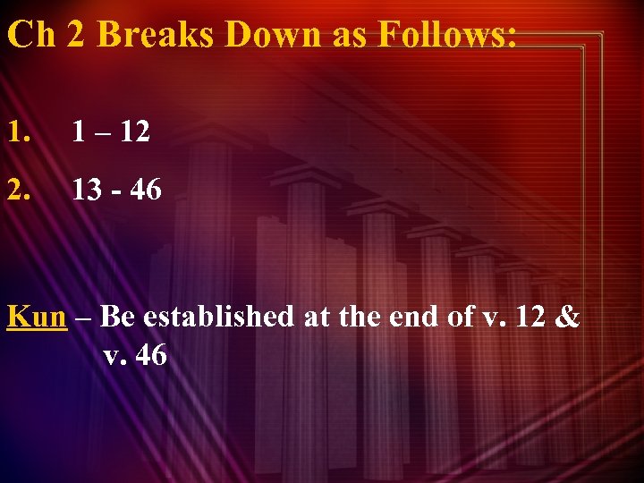 Ch 2 Breaks Down as Follows: 1. 1 – 12 2. 13 - 46