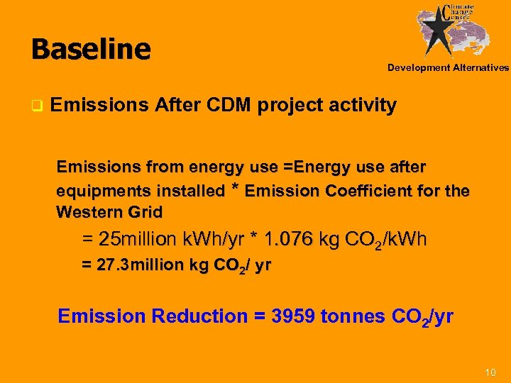 Baseline q Development Alternatives Emissions After CDM project activity Emissions from energy use =Energy