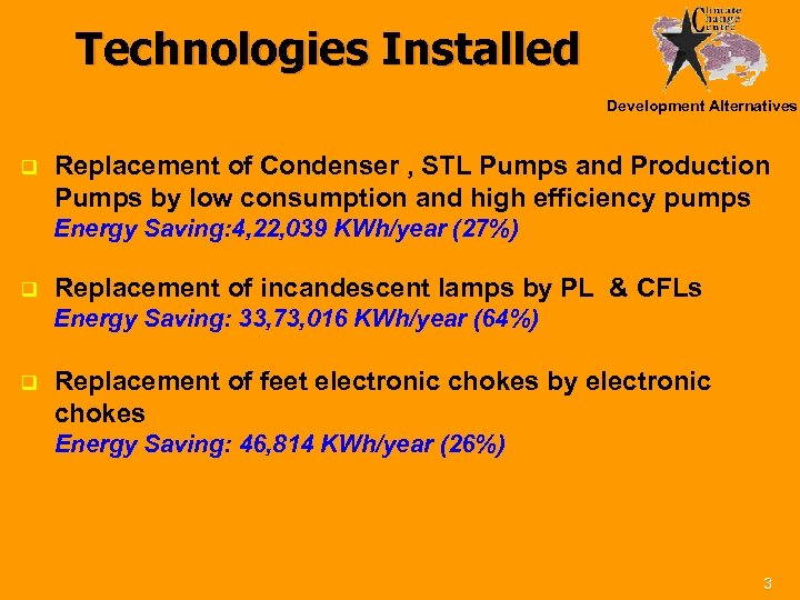Technologies Installed Development Alternatives q Replacement of Condenser , STL Pumps and Production Pumps