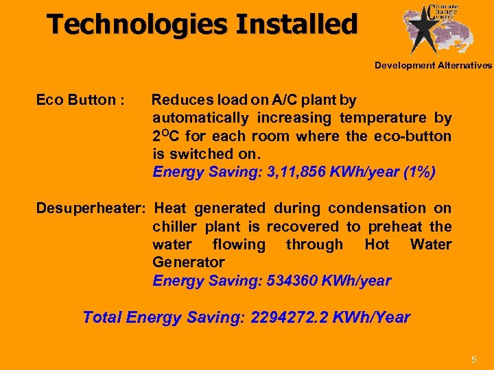 Technologies Installed Development Alternatives Eco Button : Reduces load on A/C plant by automatically