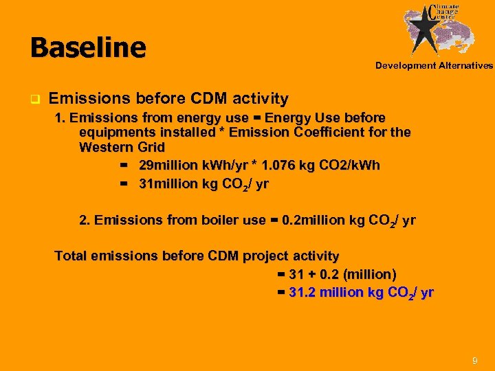 Baseline q Development Alternatives Emissions before CDM activity 1. Emissions from energy use =