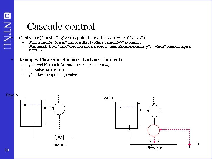 Cascade control • Controller (“master”) gives setpoint to another controller (“slave”) – – •