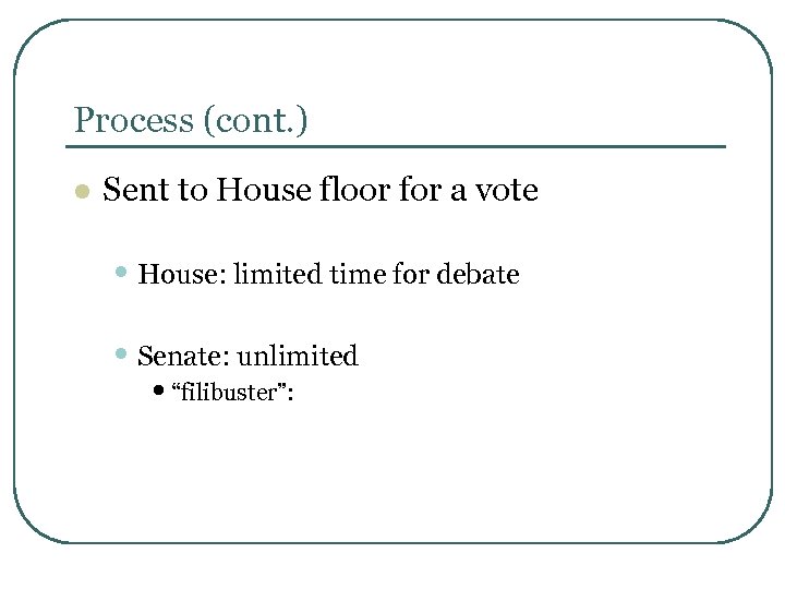 Process (cont. ) l Sent to House floor for a vote • House: limited