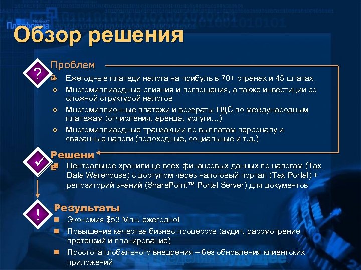 Обзор решения ? Проблем а Ежегодные платеди налога на прибуль в 70+ странах и