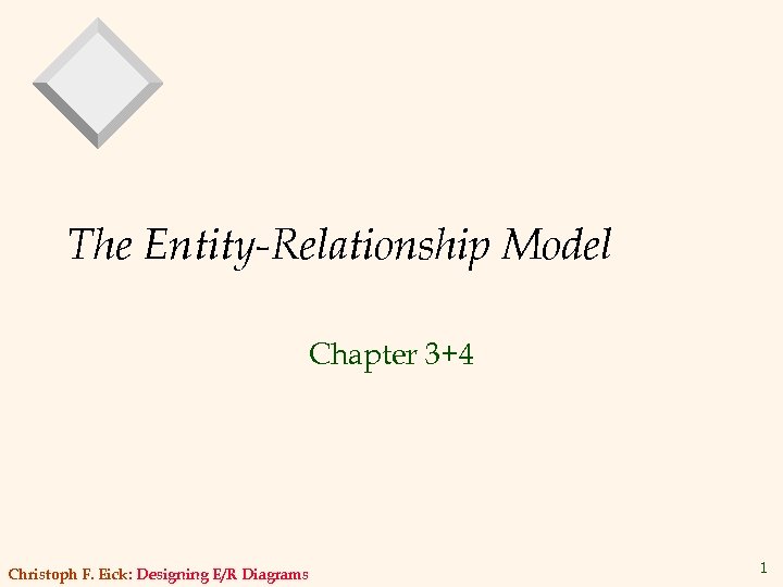 The Entity-Relationship Model Chapter 3+4 Christoph F. Eick: Designing E/R Diagrams 1 