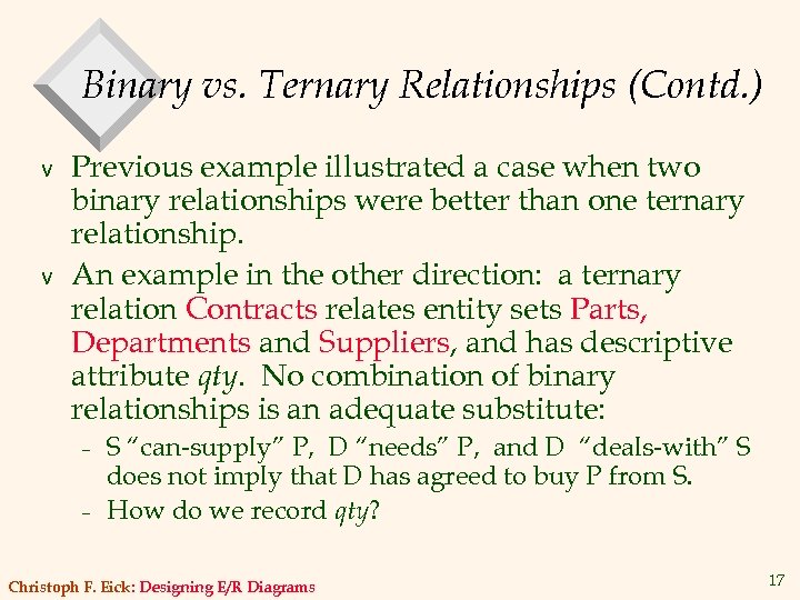Binary vs. Ternary Relationships (Contd. ) v v Previous example illustrated a case when