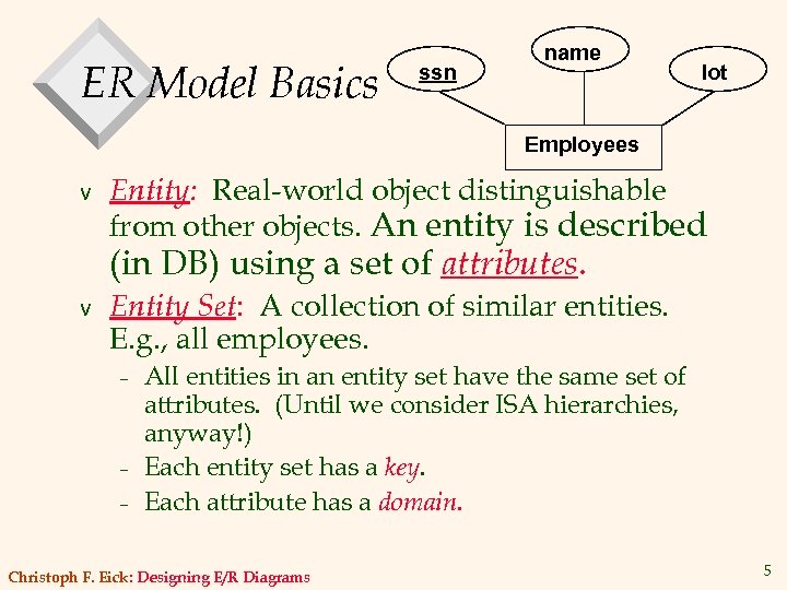 ER Model Basics ssn name lot Employees v Entity: Real-world object distinguishable from other