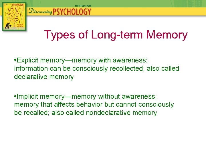 Types of Long-term Memory • Explicit memory—memory with awareness; information can be consciously recollected;