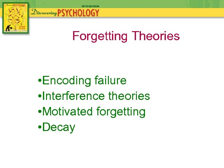 Forgetting Theories • Encoding failure • Interference theories • Motivated forgetting • Decay 