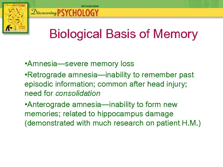 Biological Basis of Memory • Amnesia—severe memory loss • Retrograde amnesia—inability to remember past