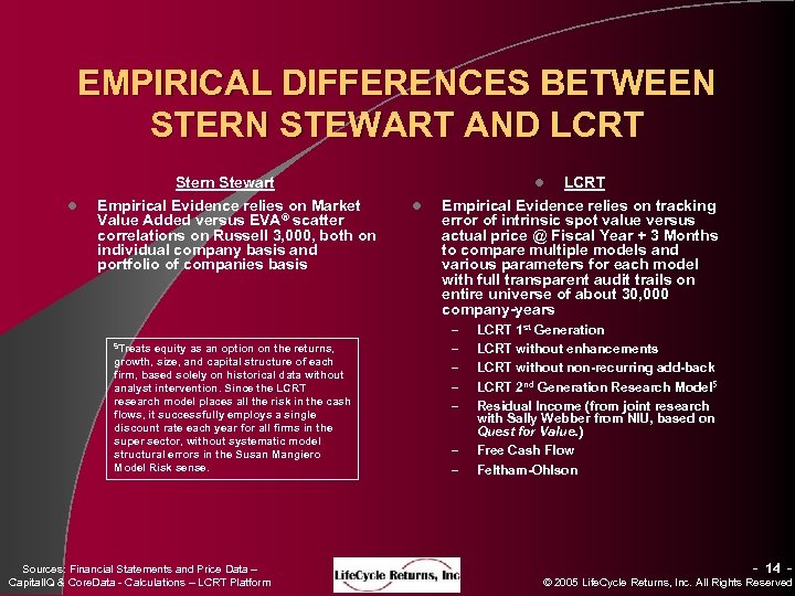 EMPIRICAL DIFFERENCES BETWEEN STERN STEWART AND LCRT l Stern Stewart Empirical Evidence relies on