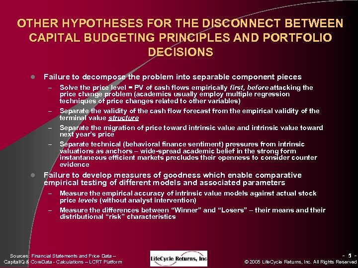 OTHER HYPOTHESES FOR THE DISCONNECT BETWEEN CAPITAL BUDGETING PRINCIPLES AND PORTFOLIO DECISIONS l Failure