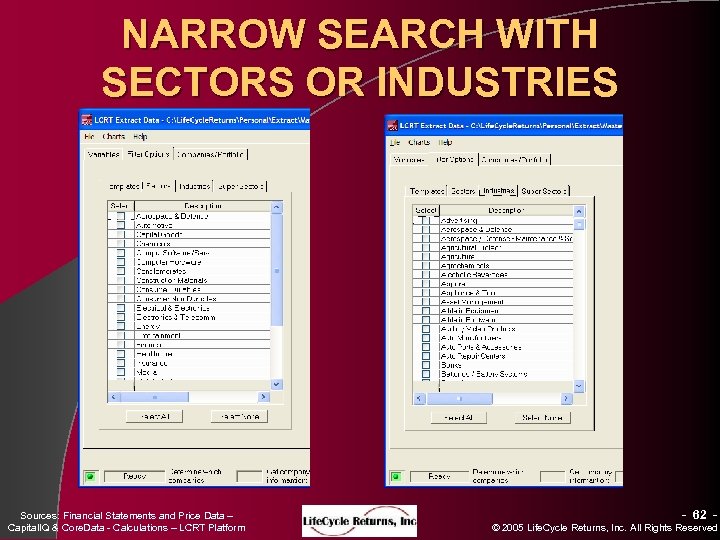 NARROW SEARCH WITH SECTORS OR INDUSTRIES Sources: Financial Statements and Price Data – Capital.