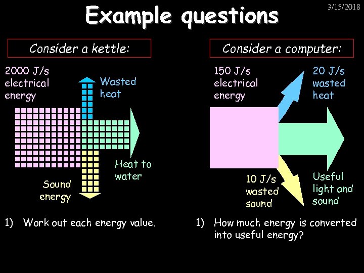 Example questions Consider a kettle: 2000 J/s electrical energy Sound energy Wasted heat Heat