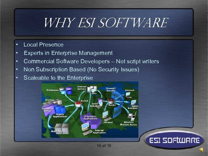 Why ESI Software • • • Local Presence Experts in Enterprise Management Commercial Software