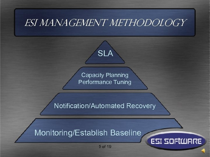 ESI Management Methodology SLA Capacity Planning Performance Tuning Notification/Automated Recovery Monitoring/Establish Baseline 5 of