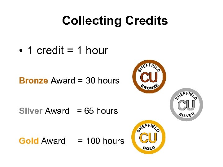 Collecting Credits • 1 credit = 1 hour Bronze Award = 30 hours Silver