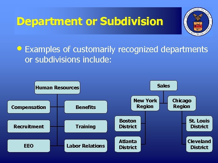 Department or Subdivision • Examples of customarily recognized departments or subdivisions include: Sales Human