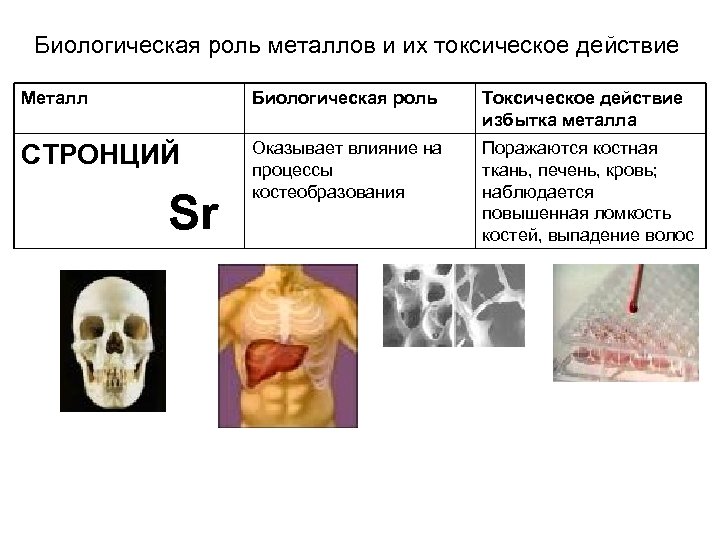 Биологическая роль металлов и их токсическое действие Металл Биологическая роль Токсическое действие избытка металла