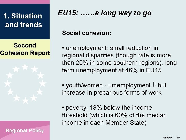 1. Situation and trends EU 15: ……a long way to go Social cohesion: Second