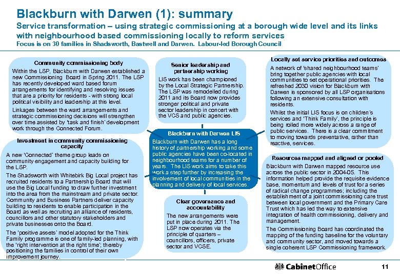Blackburn with Darwen (1): summary Service transformation – using strategic commissioning at a borough