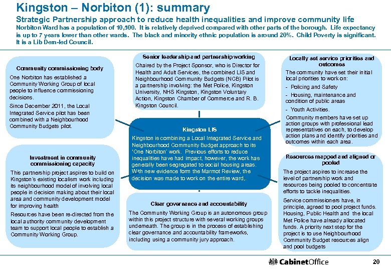 Kingston – Norbiton (1): summary Strategic Partnership approach to reduce health inequalities and improve