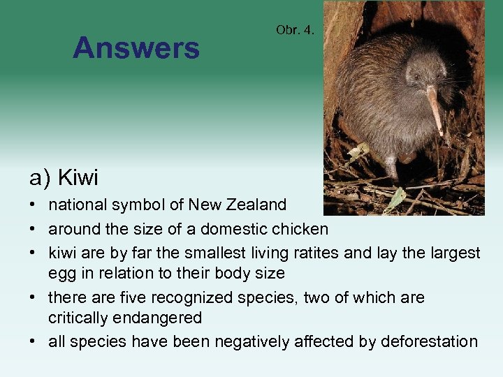 Answers Obr. 4. a) Kiwi • national symbol of New Zealand • around the