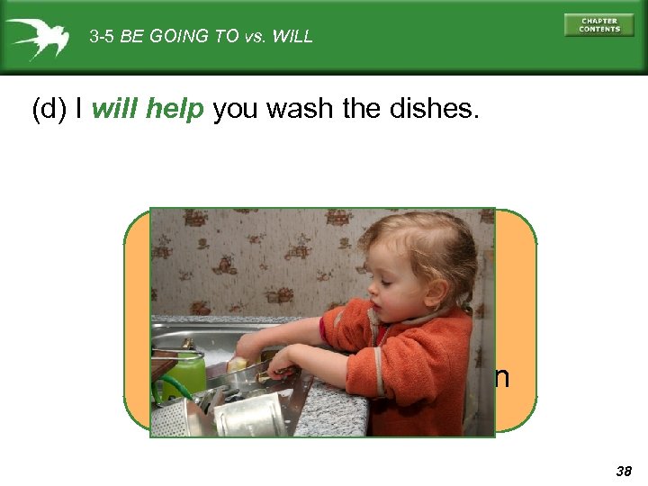 3 -5 BE GOING TO vs. WILL (d) I will help you wash the