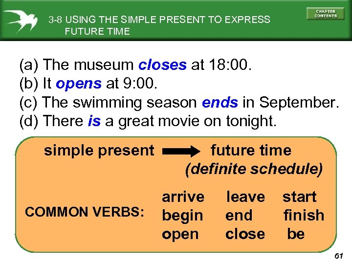 3 -8 USING THE SIMPLE PRESENT TO EXPRESS FUTURE TIME (a) The museum closes