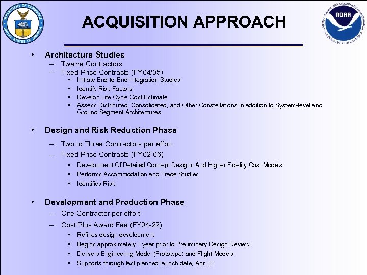 ACQUISITION APPROACH • Architecture Studies – Twelve Contractors – Fixed Price Contracts (FY 04/05)