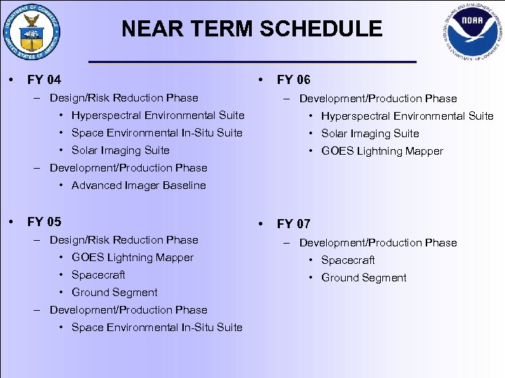 NEAR TERM SCHEDULE • FY 04 • – Design/Risk Reduction Phase FY 06 –