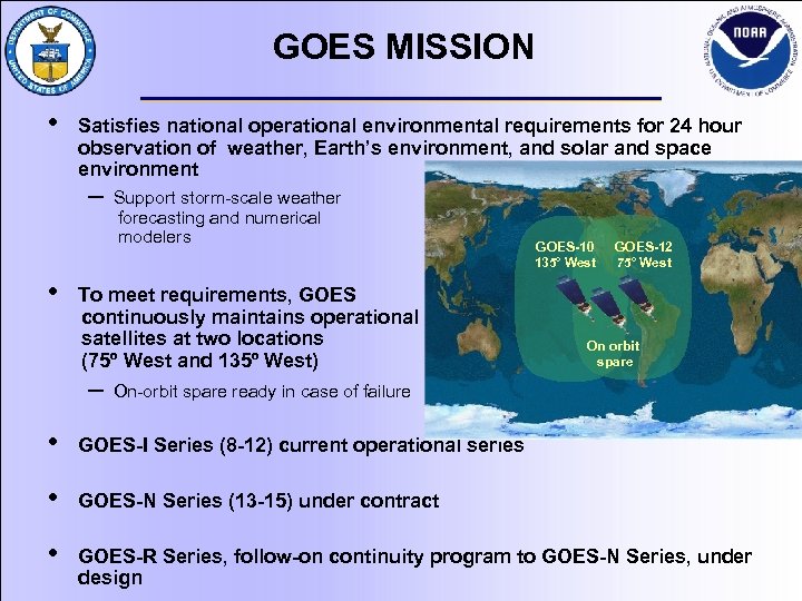 GOES MISSION • Satisfies national operational environmental requirements for 24 hour observation of weather,