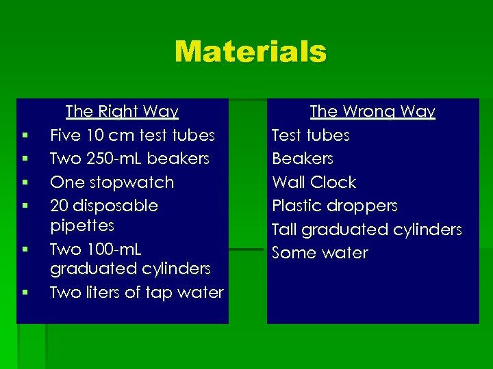 Materials § § § The Right Way Five 10 cm test tubes Two 250