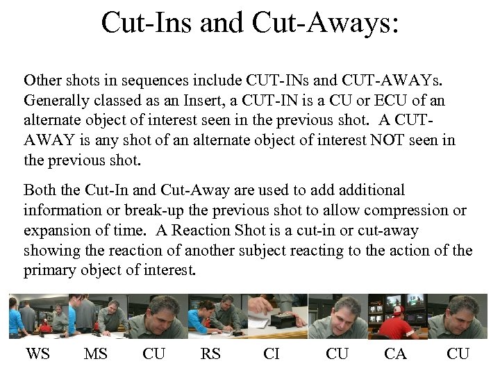 Cut-Ins and Cut-Aways: Other shots in sequences include CUT-INs and CUT-AWAYs. Generally classed as