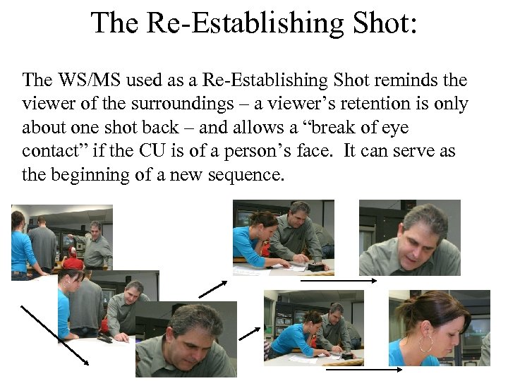 The Re-Establishing Shot: The WS/MS used as a Re-Establishing Shot reminds the viewer of